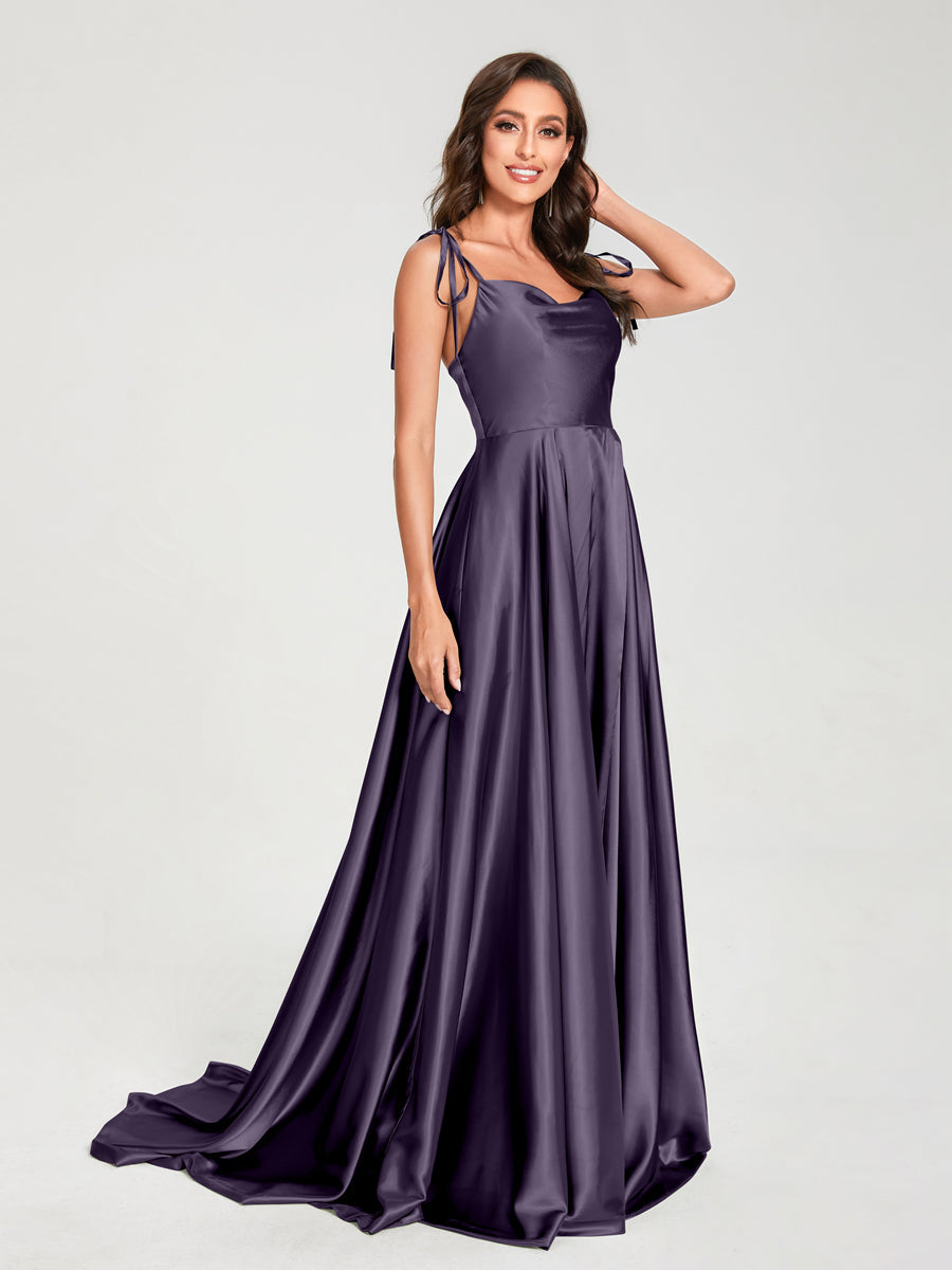 A-Line Spaghetti Straps Sleeveless Long Silk Like Satin Bridesmaid Dresses Grape