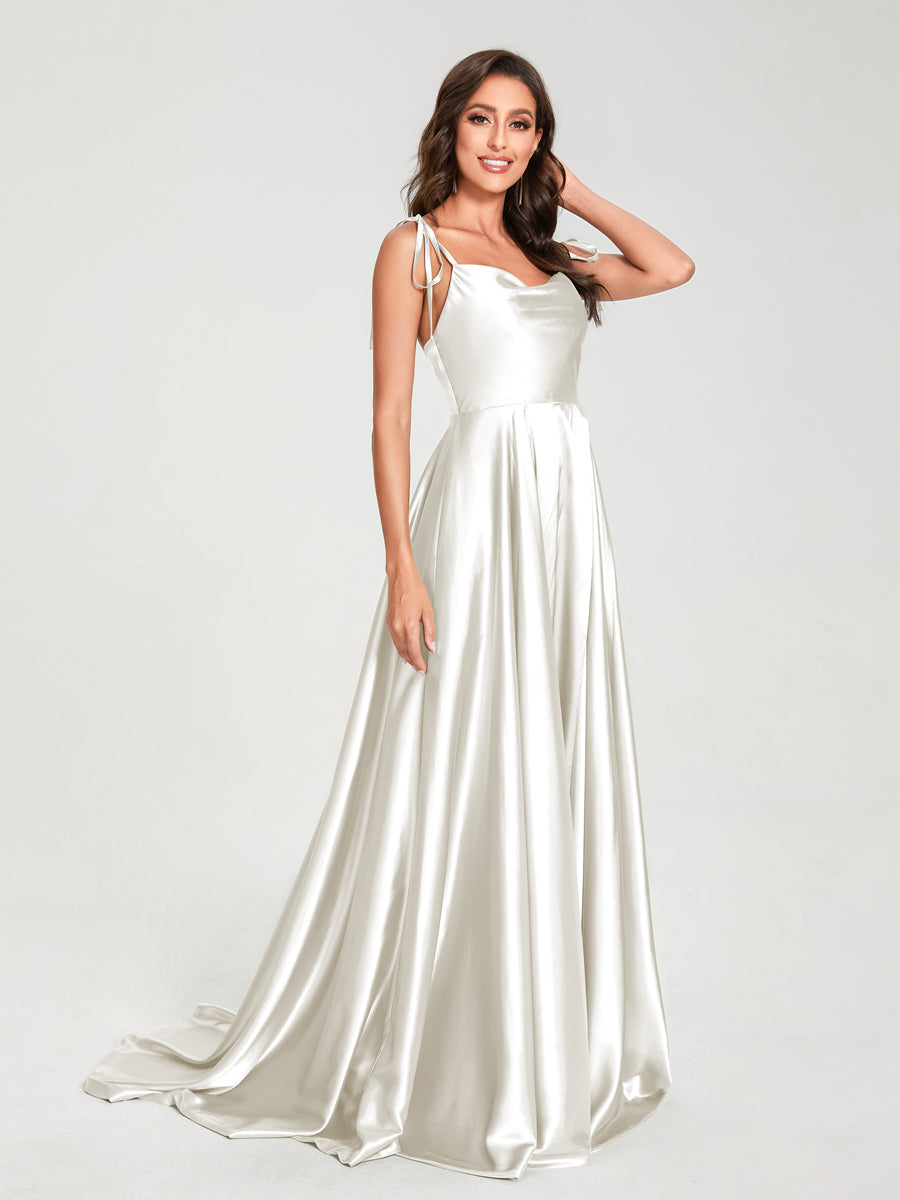 A-Line Spaghetti Straps Sleeveless Long Silk Like Satin Bridesmaid Dresses Ivory