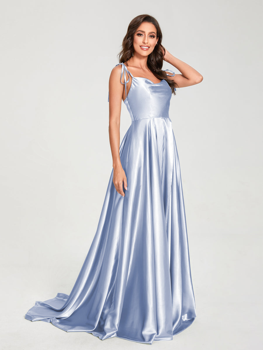 A-Line Spaghetti Straps Sleeveless Long Silk Like Satin Bridesmaid Dresses Lavender