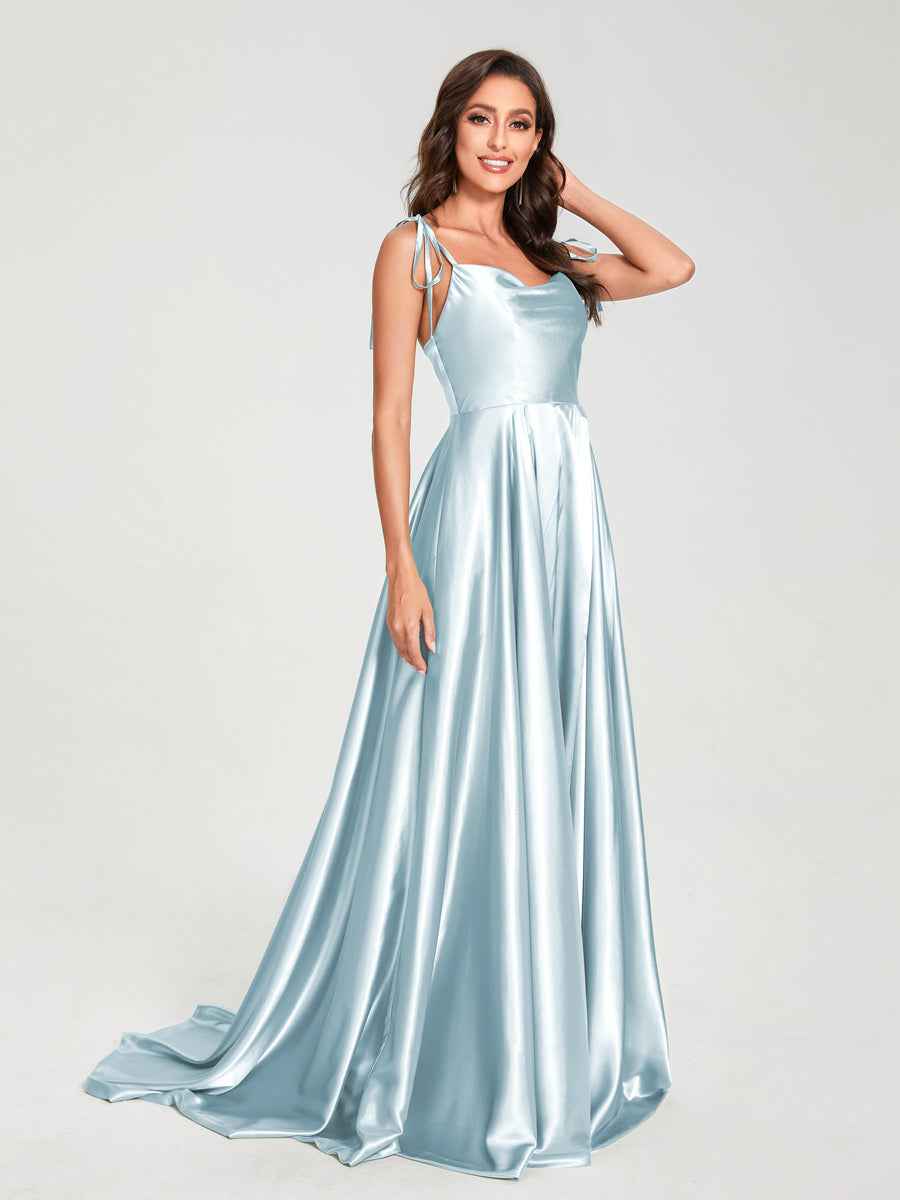 A-Line Spaghetti Straps Sleeveless Long Silk Like Satin Bridesmaid Dresses Light Blue