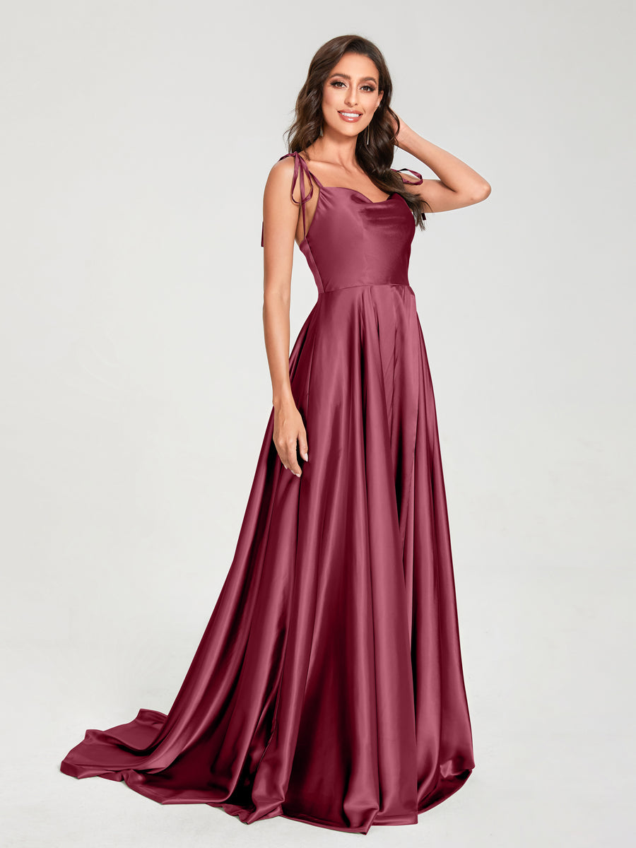 A-Line Spaghetti Straps Sleeveless Long Silk Like Satin Bridesmaid Dresses Light Burgundy