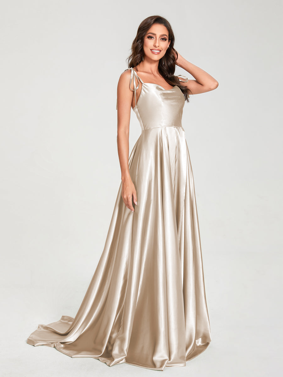 A-Line Spaghetti Straps Sleeveless Long Silk Like Satin Bridesmaid Dresses Light Champagne