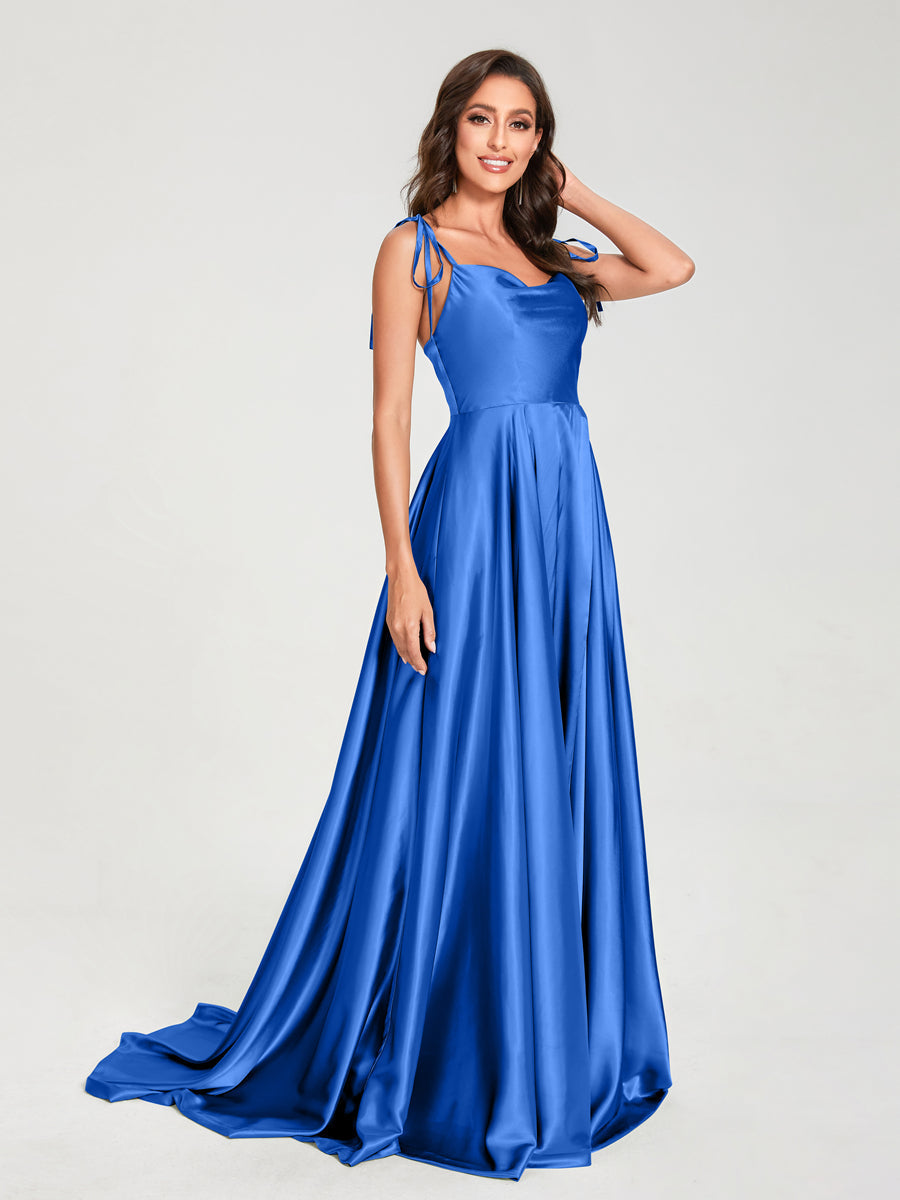 A-Line Spaghetti Straps Sleeveless Long Silk Like Satin Bridesmaid Dresses Light Royal Blue