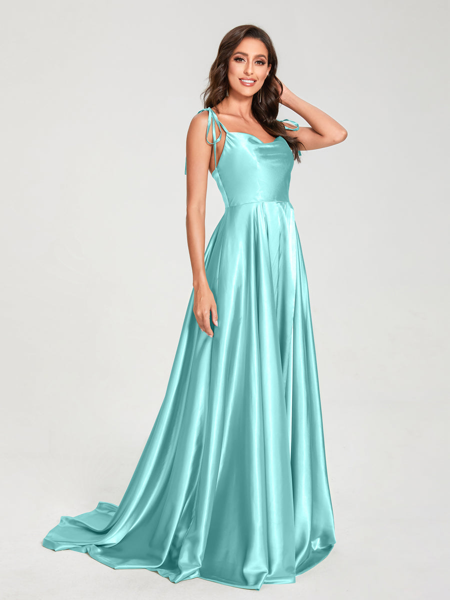 A-Line Spaghetti Straps Sleeveless Long Silk Like Satin Bridesmaid Dresses Light Sky Blue
