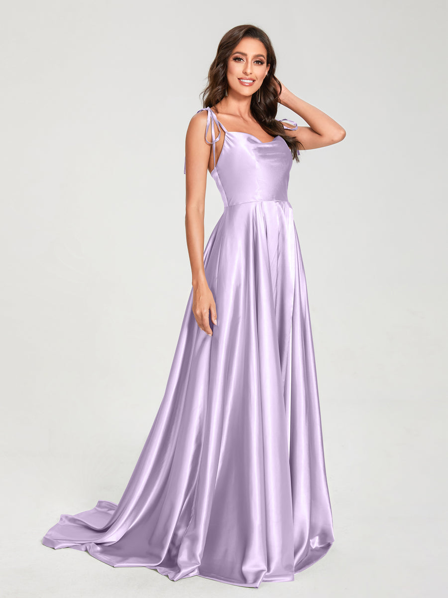 A-Line Spaghetti Straps Sleeveless Long Silk Like Satin Bridesmaid Dresses Lilac