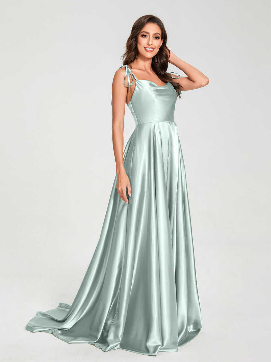 A-Line Spaghetti Straps Sleeveless Long Silk Like Satin Bridesmaid Dresses Mist Blue