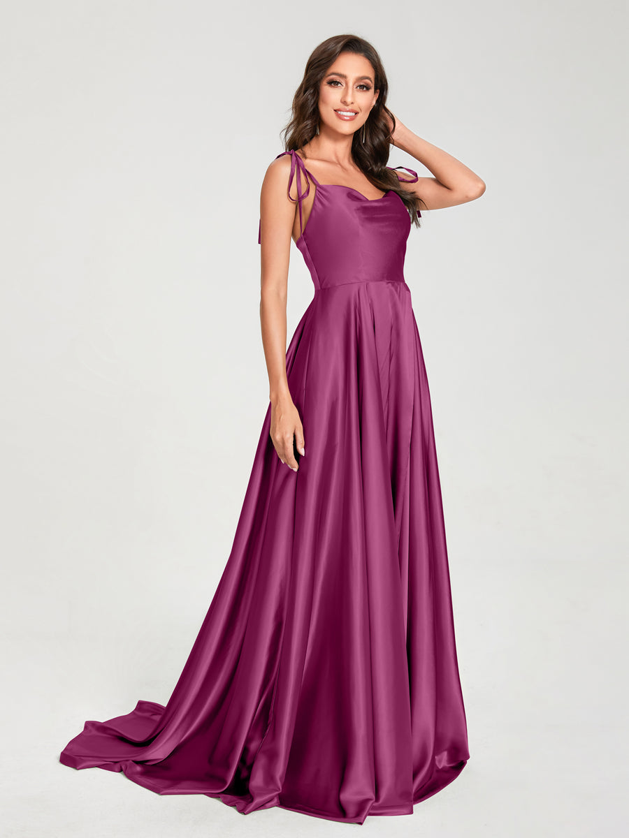 A-Line Spaghetti Straps Sleeveless Long Silk Like Satin Bridesmaid Dresses Mulberry