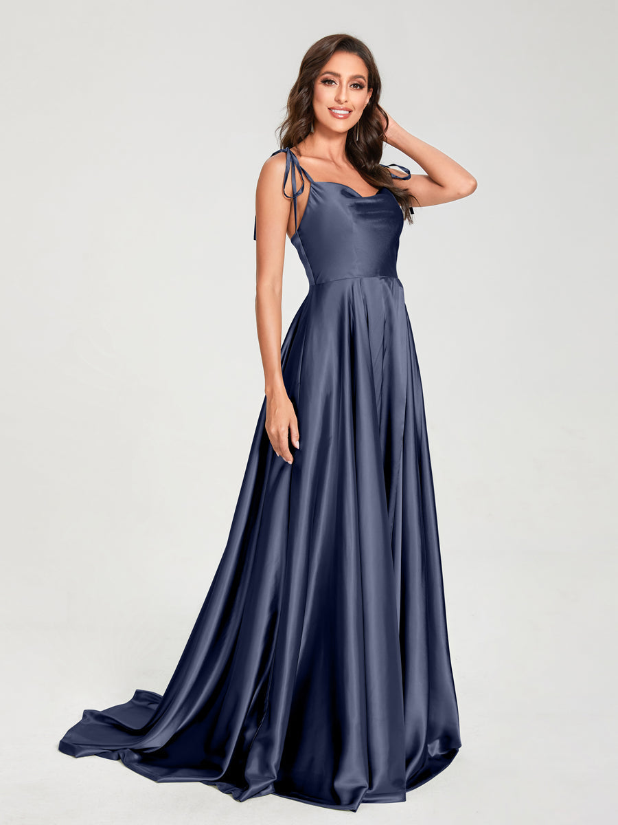A-Line Spaghetti Straps Sleeveless Long Silk Like Satin Bridesmaid Dresses Navy Blue