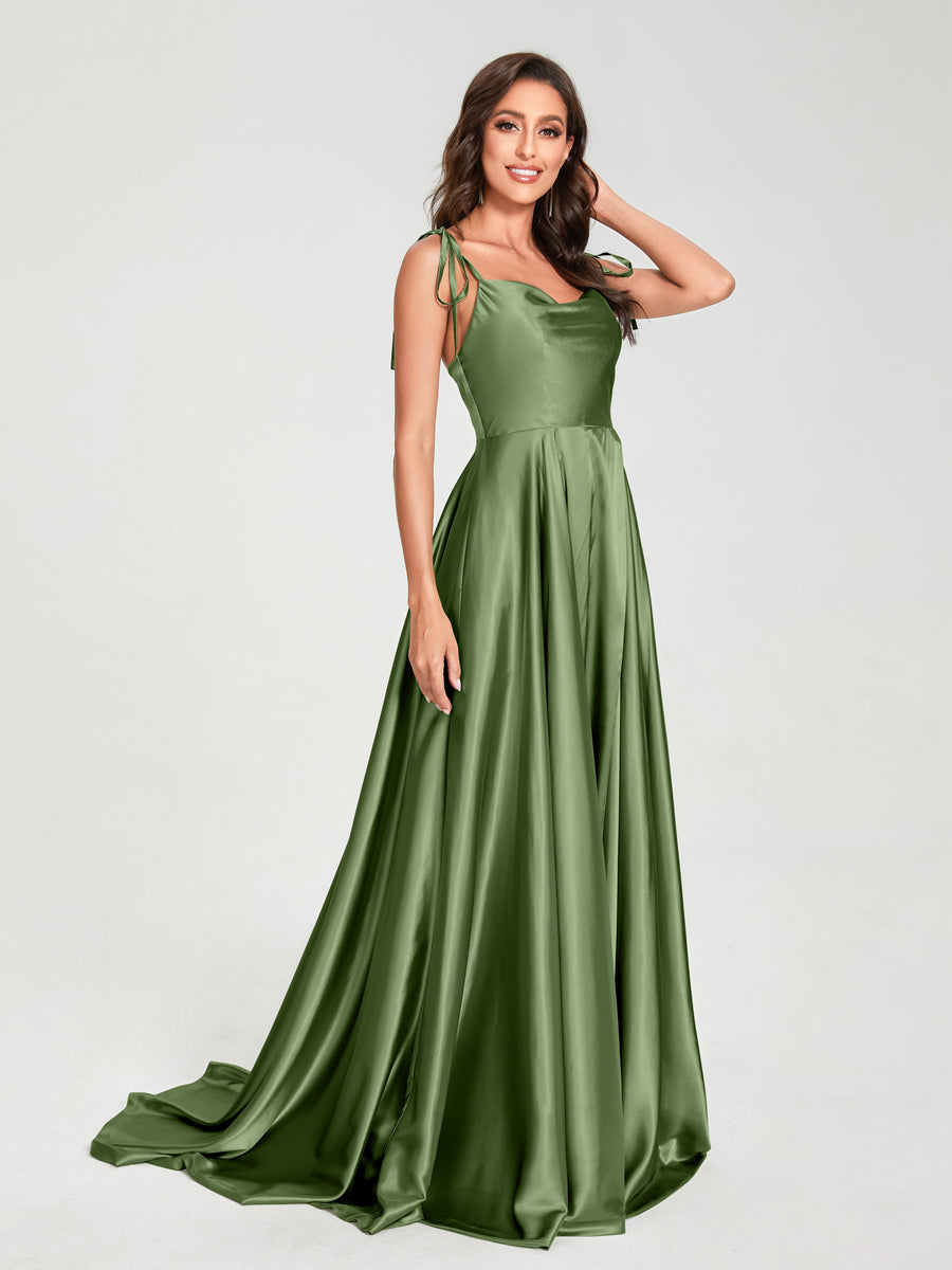 A-Line Spaghetti Straps Sleeveless Long Silk Like Satin Bridesmaid Dresses Olive Green