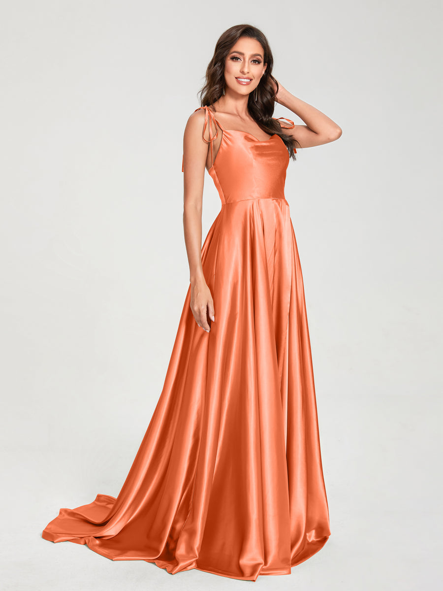 A-Line Spaghetti Straps Sleeveless Long Silk Like Satin Bridesmaid Dresses Orange