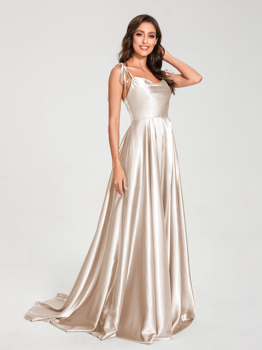 A-Line Spaghetti Straps Sleeveless Long Silk Like Satin Bridesmaid Dresses Peach Pink
