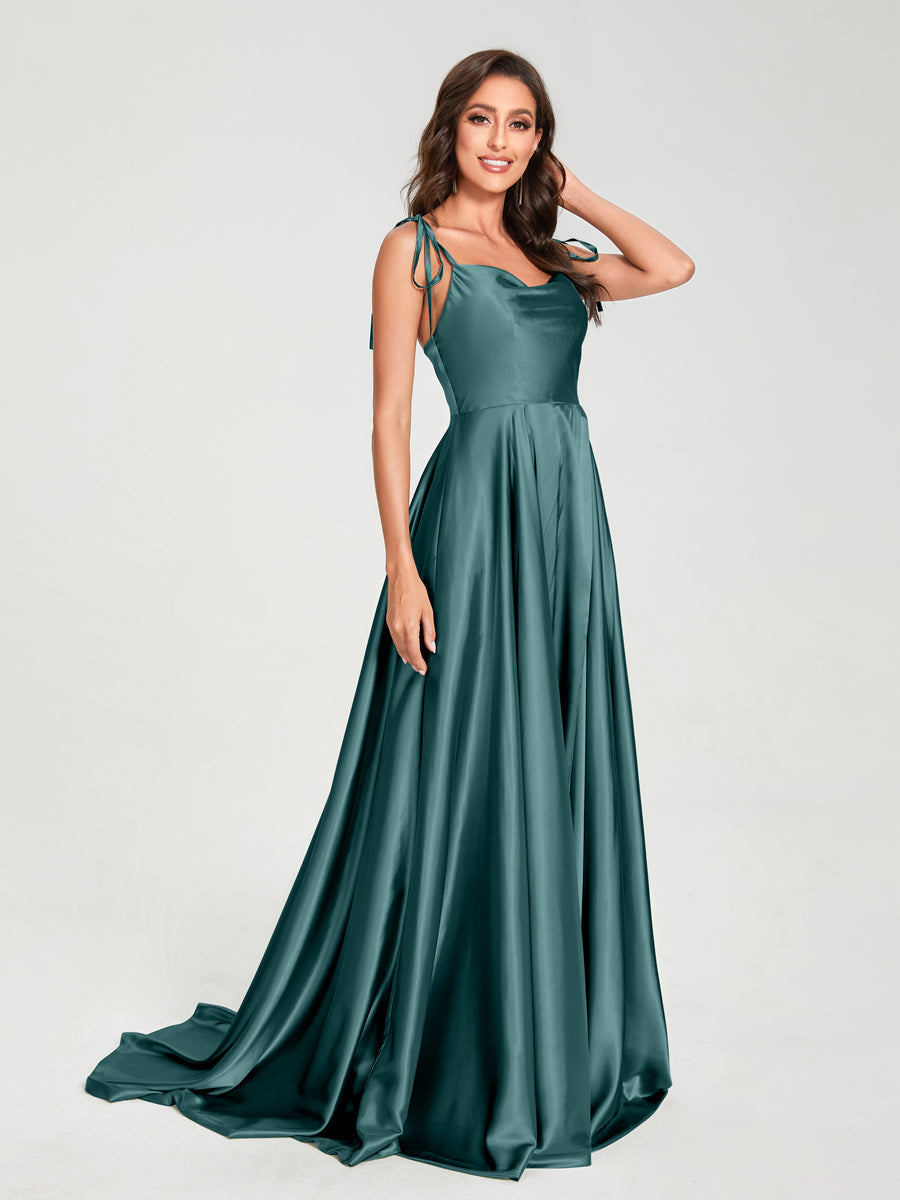 A-Line Spaghetti Straps Sleeveless Long Silk Like Satin Bridesmaid Dresses Peacock
