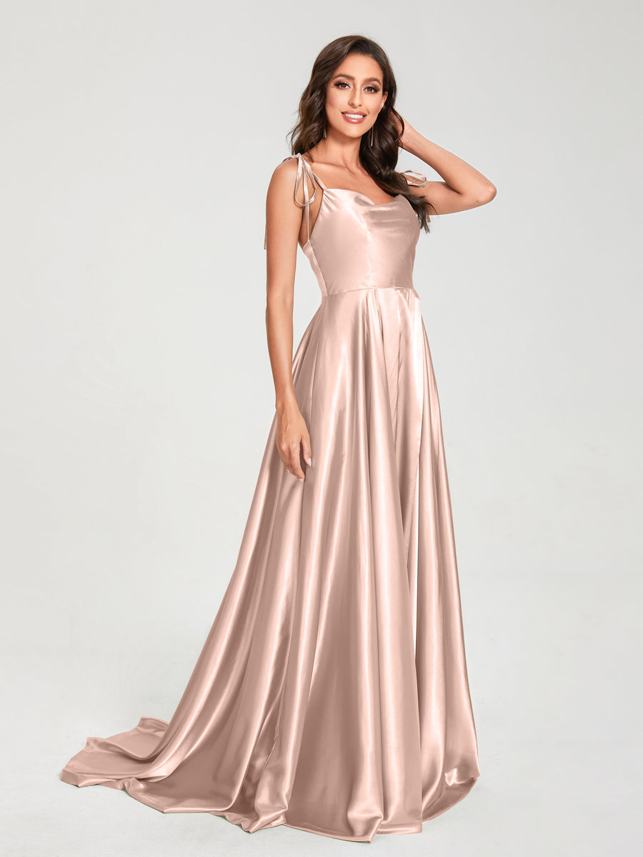 A-Line Spaghetti Straps Sleeveless Long Silk Like Satin Bridesmaid Dresses Pearl Pink