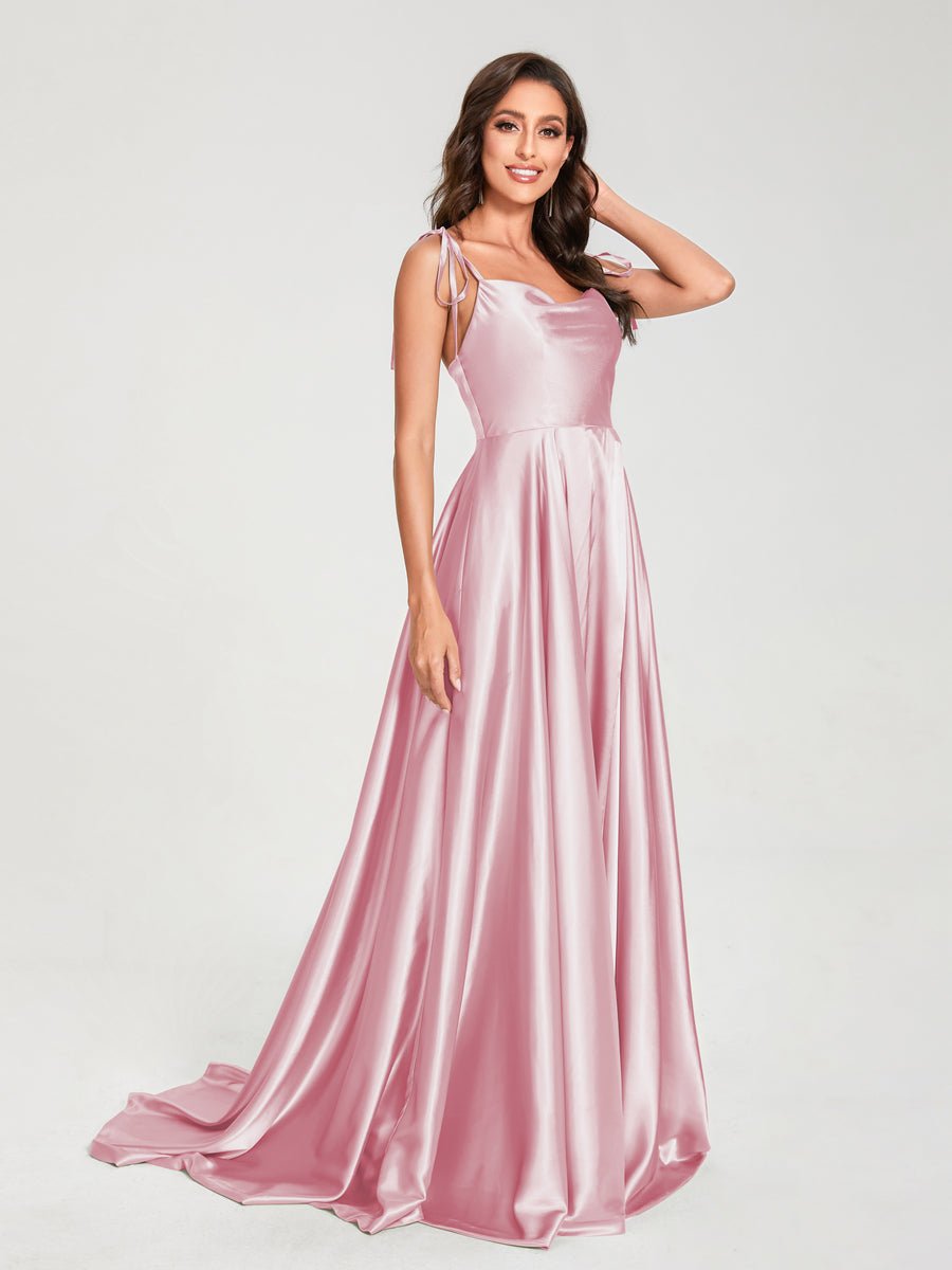A-Line Spaghetti Straps Sleeveless Long Silk Like Satin Bridesmaid Dresses Pink