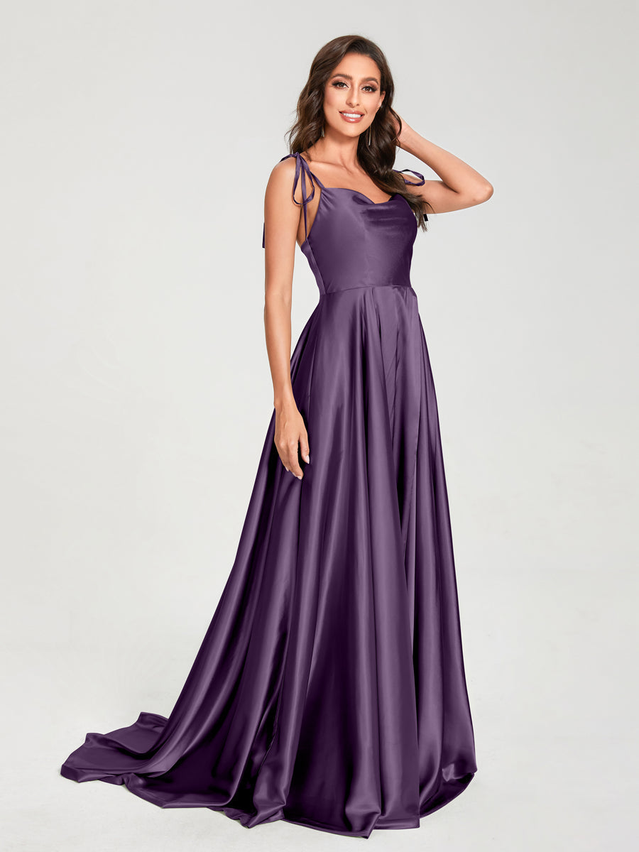 A-Line Spaghetti Straps Sleeveless Long Silk Like Satin Bridesmaid Dresses Plum