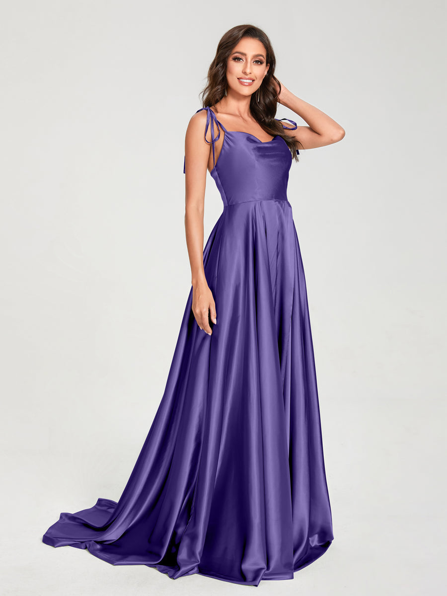 A-Line Spaghetti Straps Sleeveless Long Silk Like Satin Bridesmaid Dresses Purple
