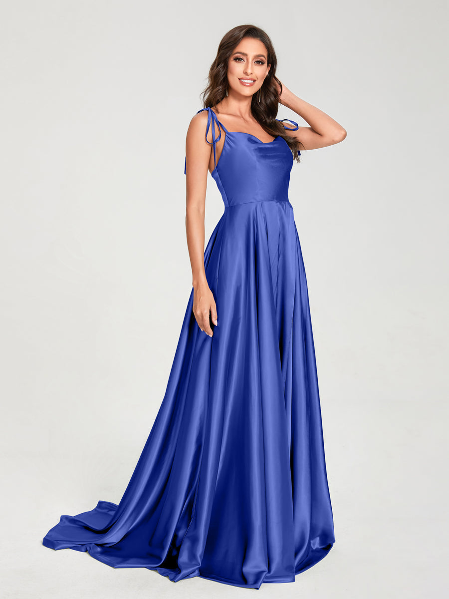 A-Line Spaghetti Straps Sleeveless Long Silk Like Satin Bridesmaid Dresses Royal Blue