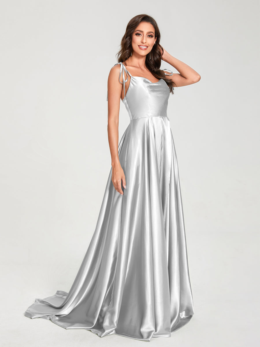 A-Line Spaghetti Straps Sleeveless Long Silk Like Satin Bridesmaid Dresses Silver