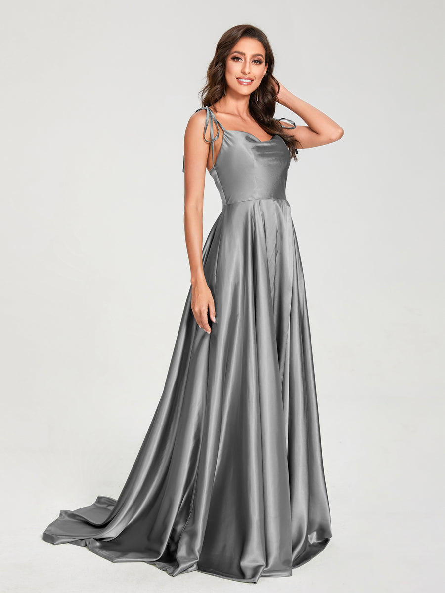 A-Line Spaghetti Straps Sleeveless Long Silk Like Satin Bridesmaid Dresses Silver Gray