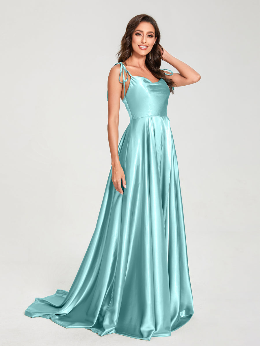 A-Line Spaghetti Straps Sleeveless Long Silk Like Satin Bridesmaid Dresses Sky Blue