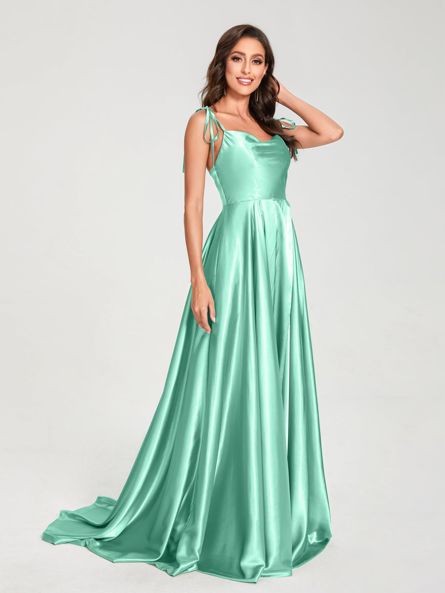 A-Line Spaghetti Straps Sleeveless Long Silk Like Satin Bridesmaid Dresses Spa