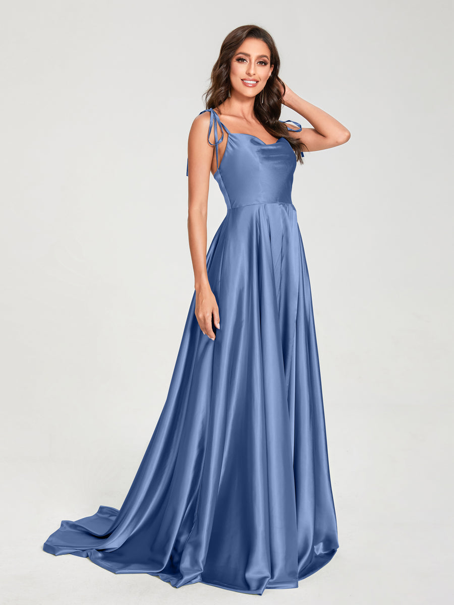A-Line Spaghetti Straps Sleeveless Long Silk Like Satin Bridesmaid Dresses Steel Blue