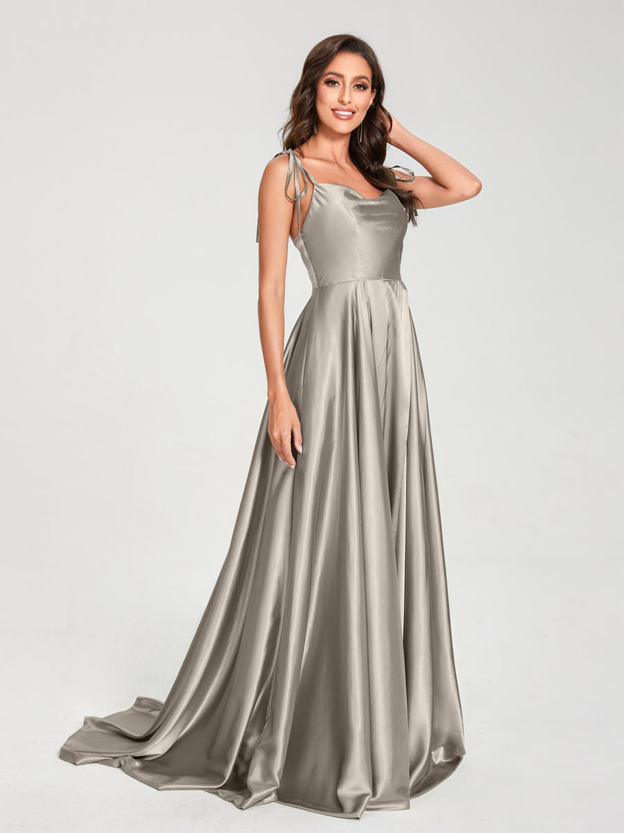 A-Line Spaghetti Straps Sleeveless Long Silk Like Satin Bridesmaid Dresses Taupe