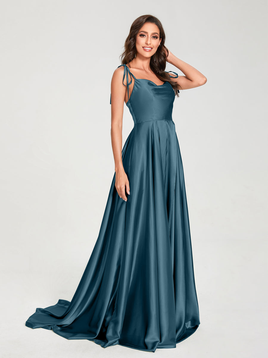 A-Line Spaghetti Straps Sleeveless Long Silk Like Satin Bridesmaid Dresses Teal