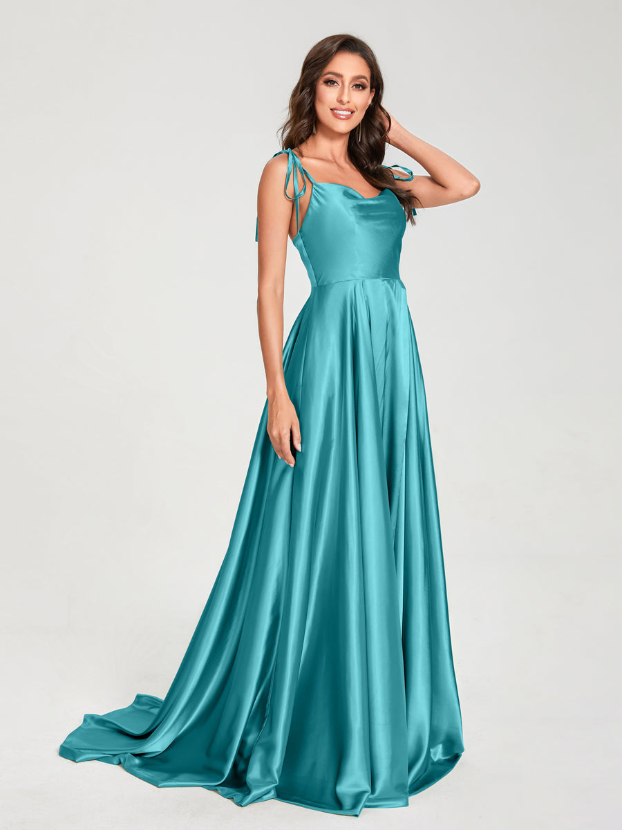 A-Line Spaghetti Straps Sleeveless Long Silk Like Satin Bridesmaid Dresses Turquoise