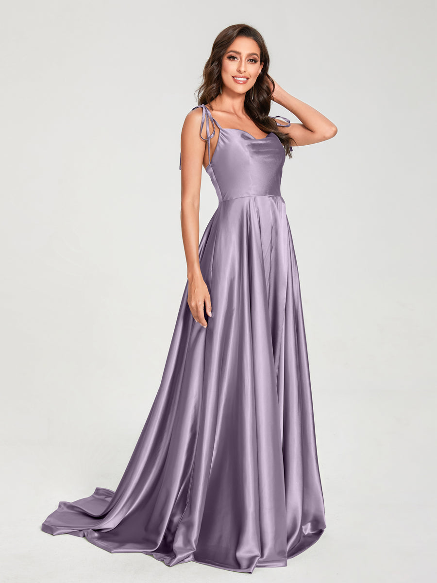 A-Line Spaghetti Straps Sleeveless Long Silk Like Satin Bridesmaid Dresses Wisteria