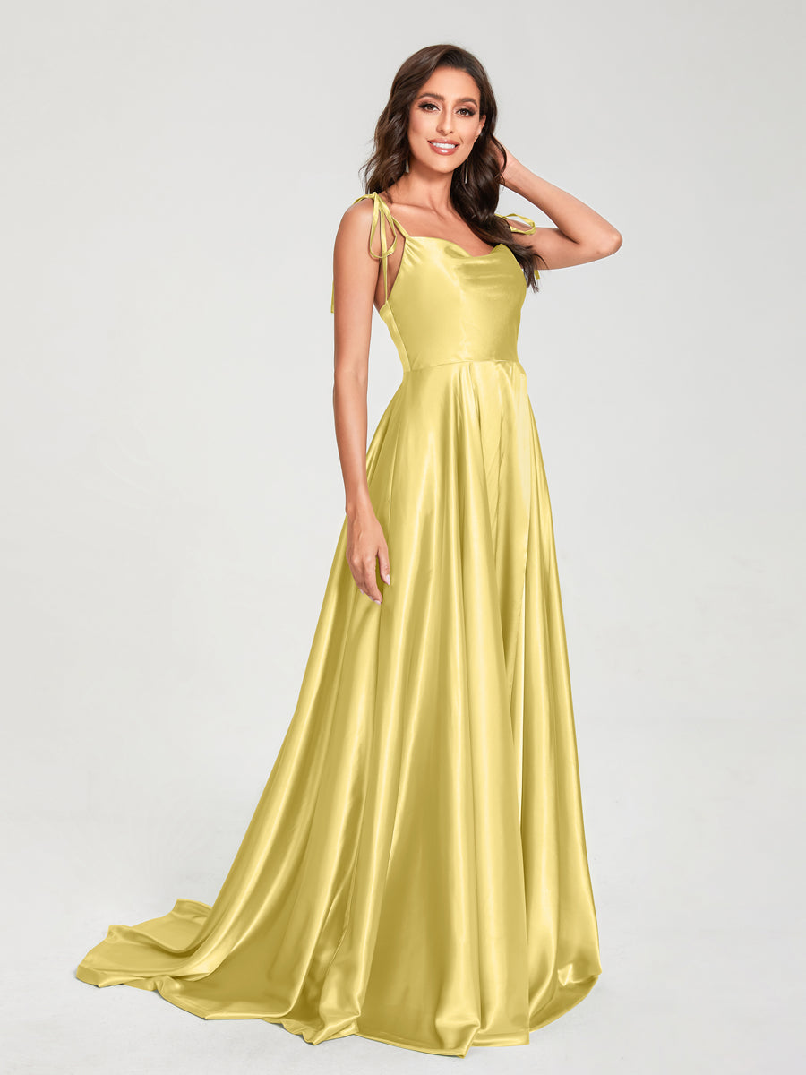 A-Line Spaghetti Straps Sleeveless Long Silk Like Satin Bridesmaid Dresses Yellow