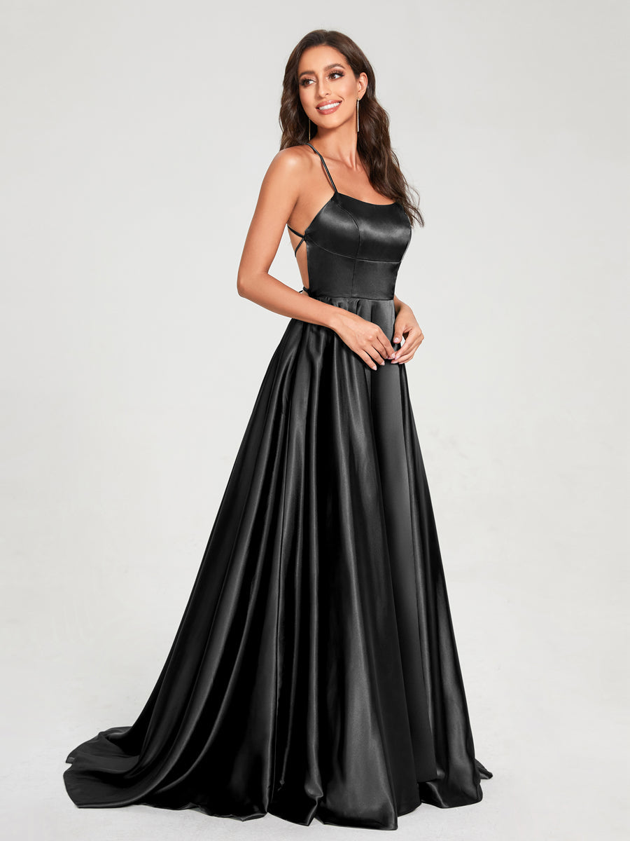 A-Line/Princess Spaghetti Straps Sleeveless Floor-Length Split Side Backless Bridesmaid Dresses Black
