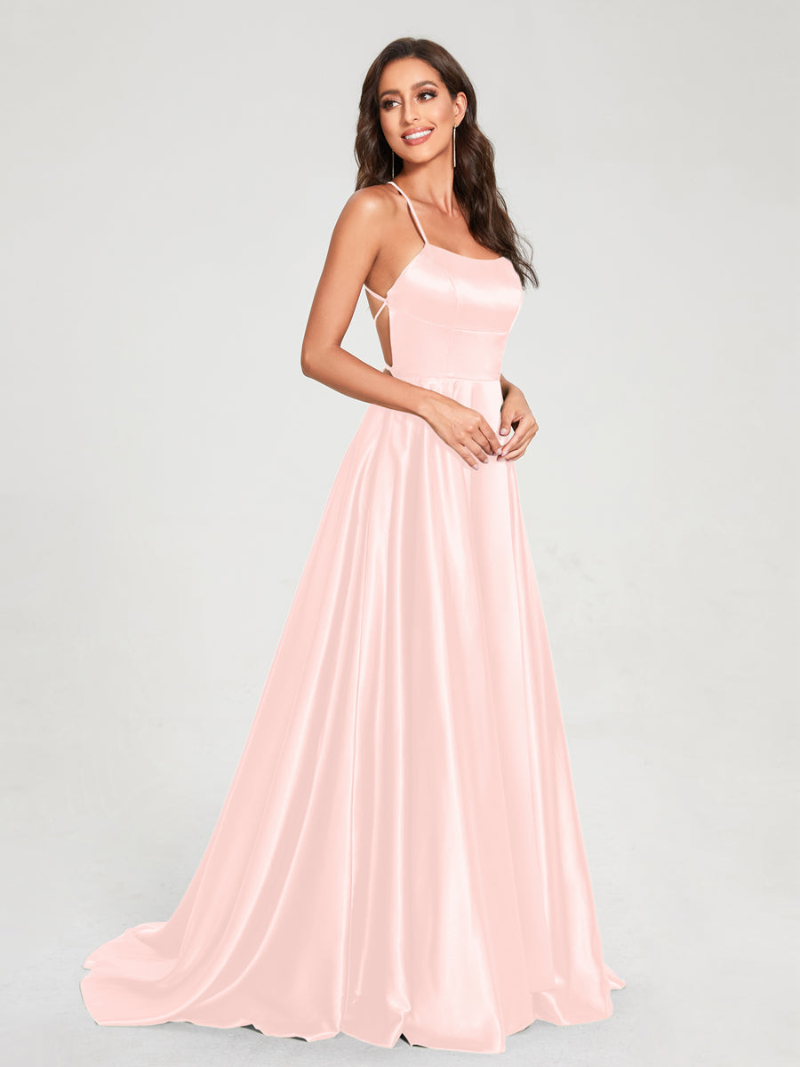 A-Line/Princess Spaghetti Straps Sleeveless Floor-Length Split Side Backless Bridesmaid Dresses Blush Pink