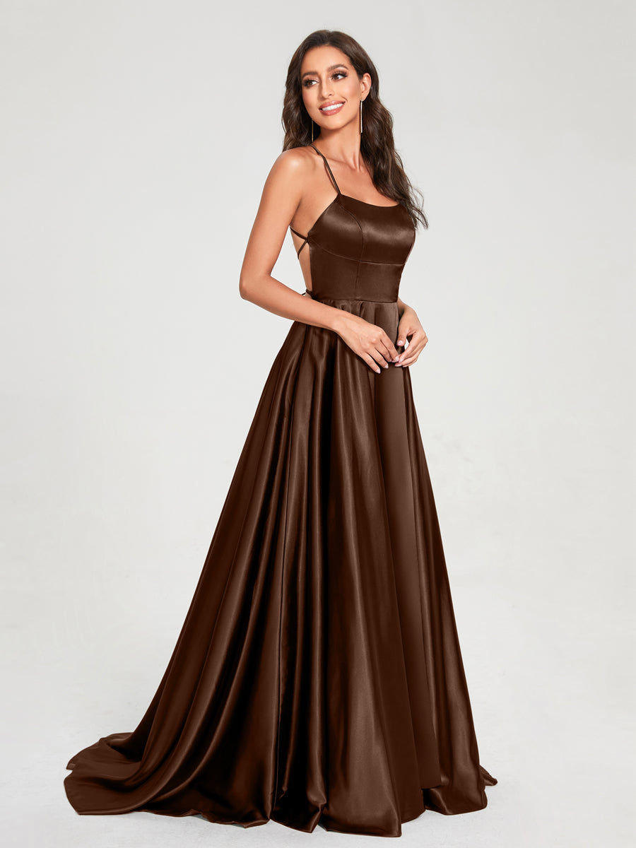 A-Line/Princess Spaghetti Straps Sleeveless Floor-Length Split Side Backless Bridesmaid Dresses Brown