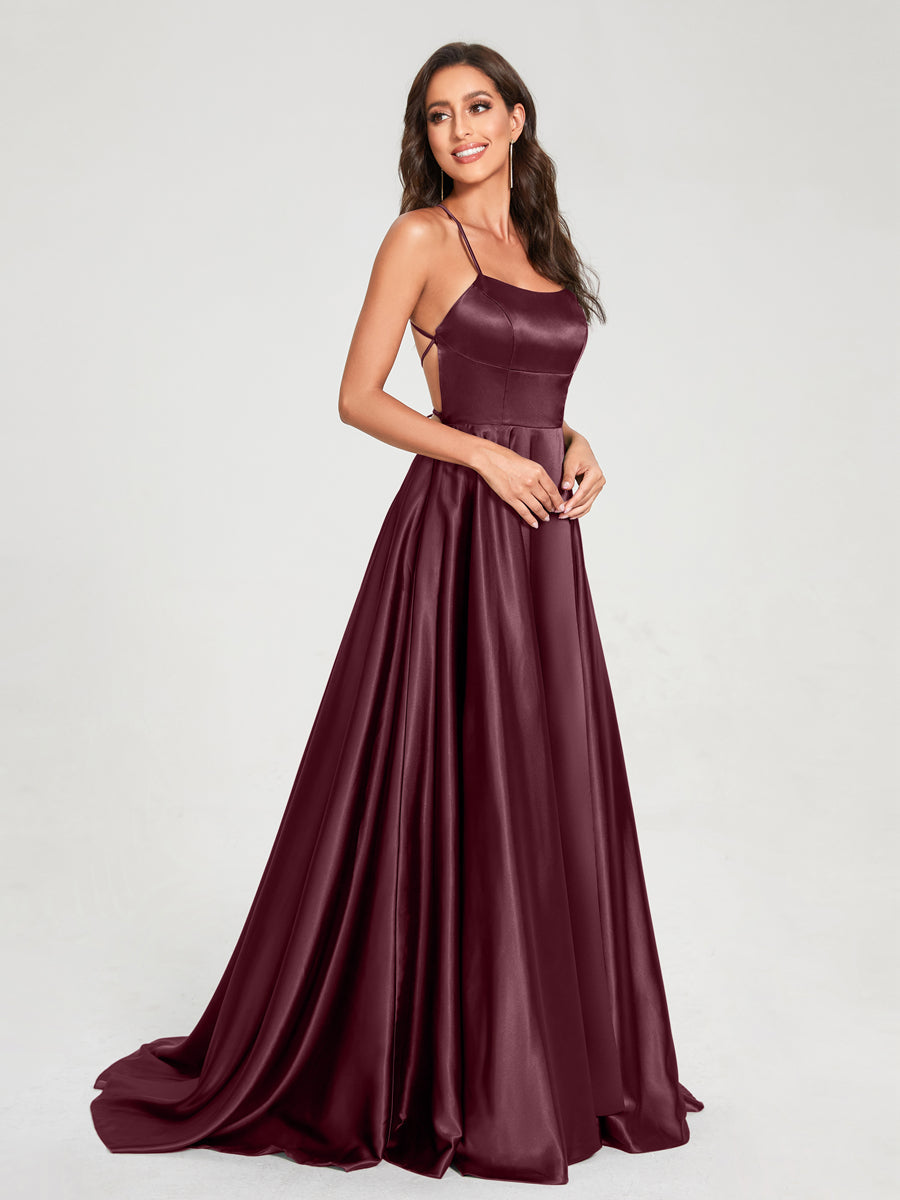 A-Line/Princess Spaghetti Straps Sleeveless Floor-Length Split Side Backless Bridesmaid Dresses Burgundy