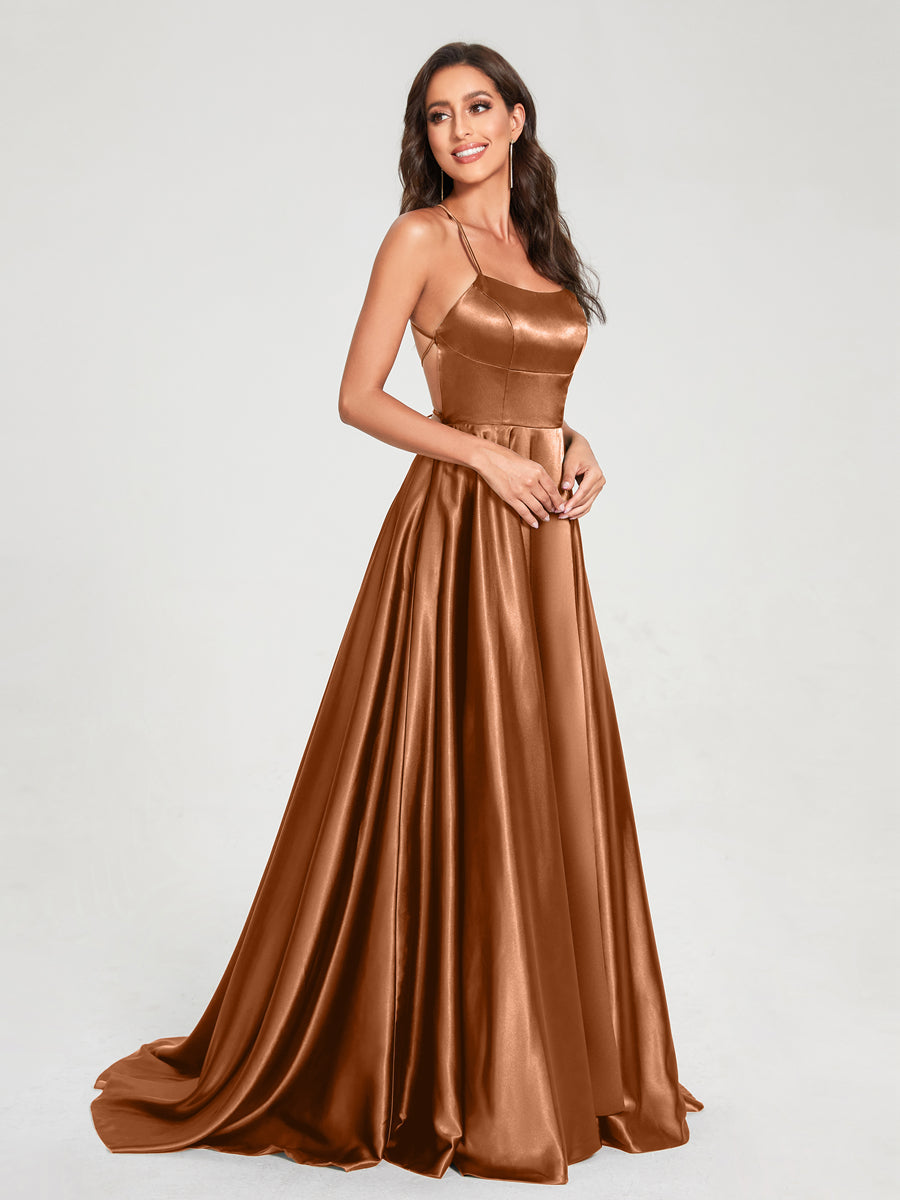 A-Line/Princess Spaghetti Straps Sleeveless Floor-Length Split Side Backless Bridesmaid Dresses Burnt Orange