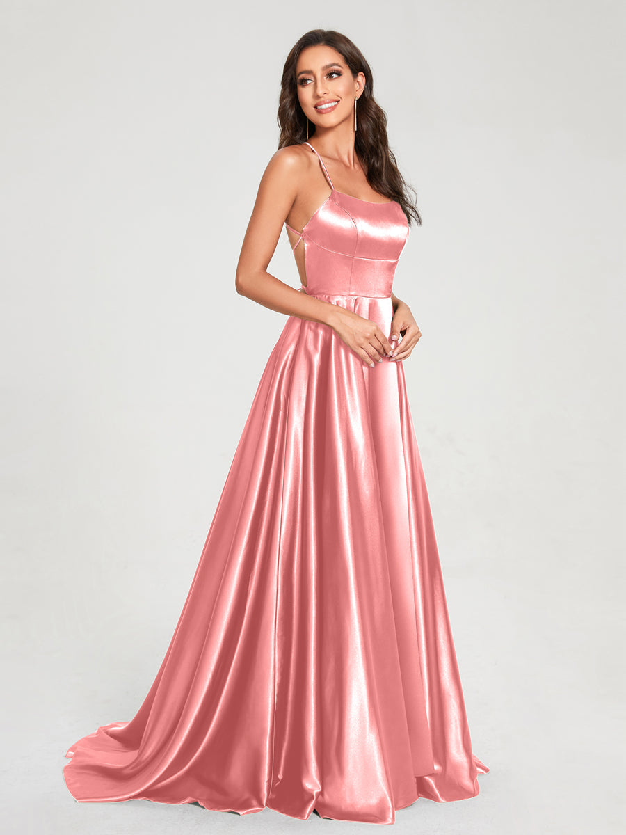 A-Line/Princess Spaghetti Straps Sleeveless Floor-Length Split Side Backless Bridesmaid Dresses Coral