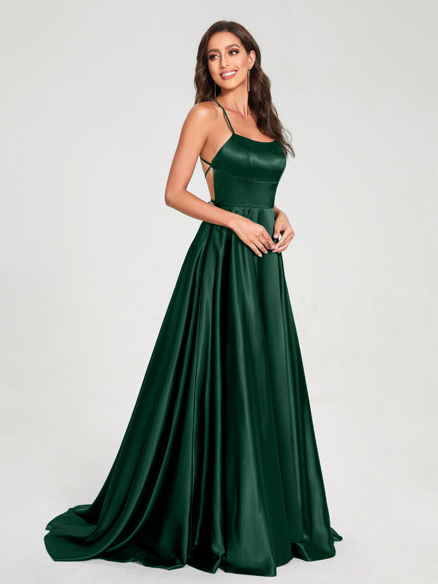 A-Line/Princess Spaghetti Straps Sleeveless Floor-Length Split Side Backless Bridesmaid Dresses Dark Green