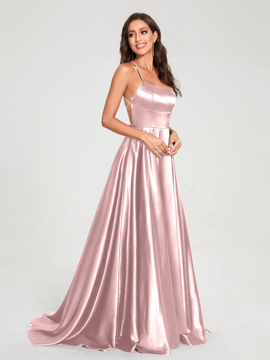 A-Line/Princess Spaghetti Straps Sleeveless Floor-Length Split Side Backless Bridesmaid Dresses Dusty Pink