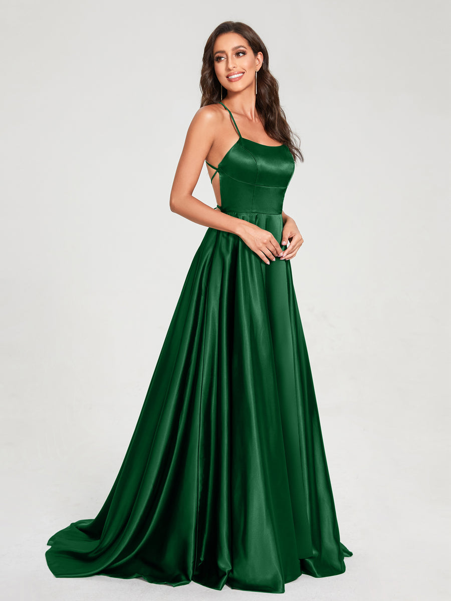 A-Line/Princess Spaghetti Straps Sleeveless Floor-Length Split Side Backless Bridesmaid Dresses Emerald