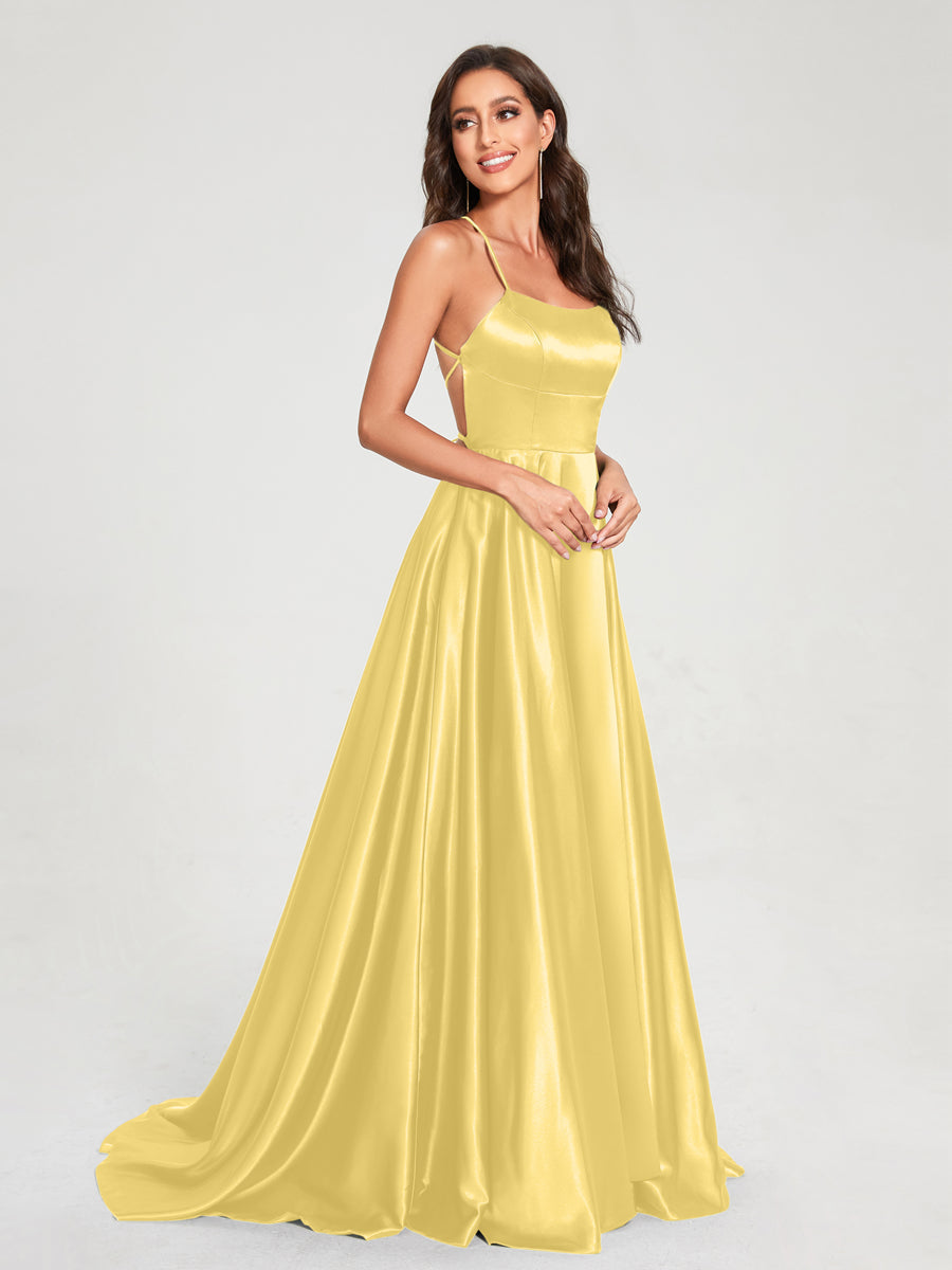 A-Line/Princess Spaghetti Straps Sleeveless Floor-Length Split Side Backless Bridesmaid Dresses Gold