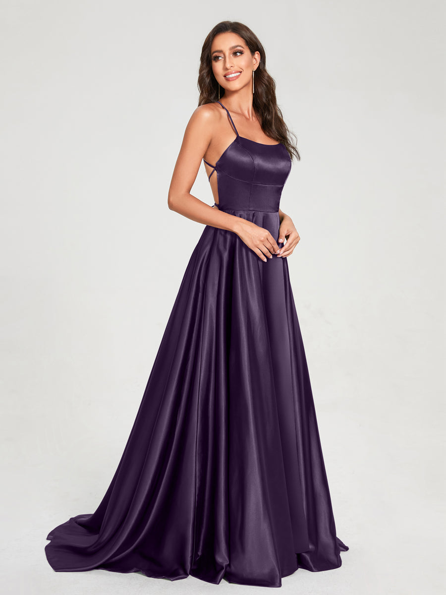 A-Line/Princess Spaghetti Straps Sleeveless Floor-Length Split Side Backless Bridesmaid Dresses Grape