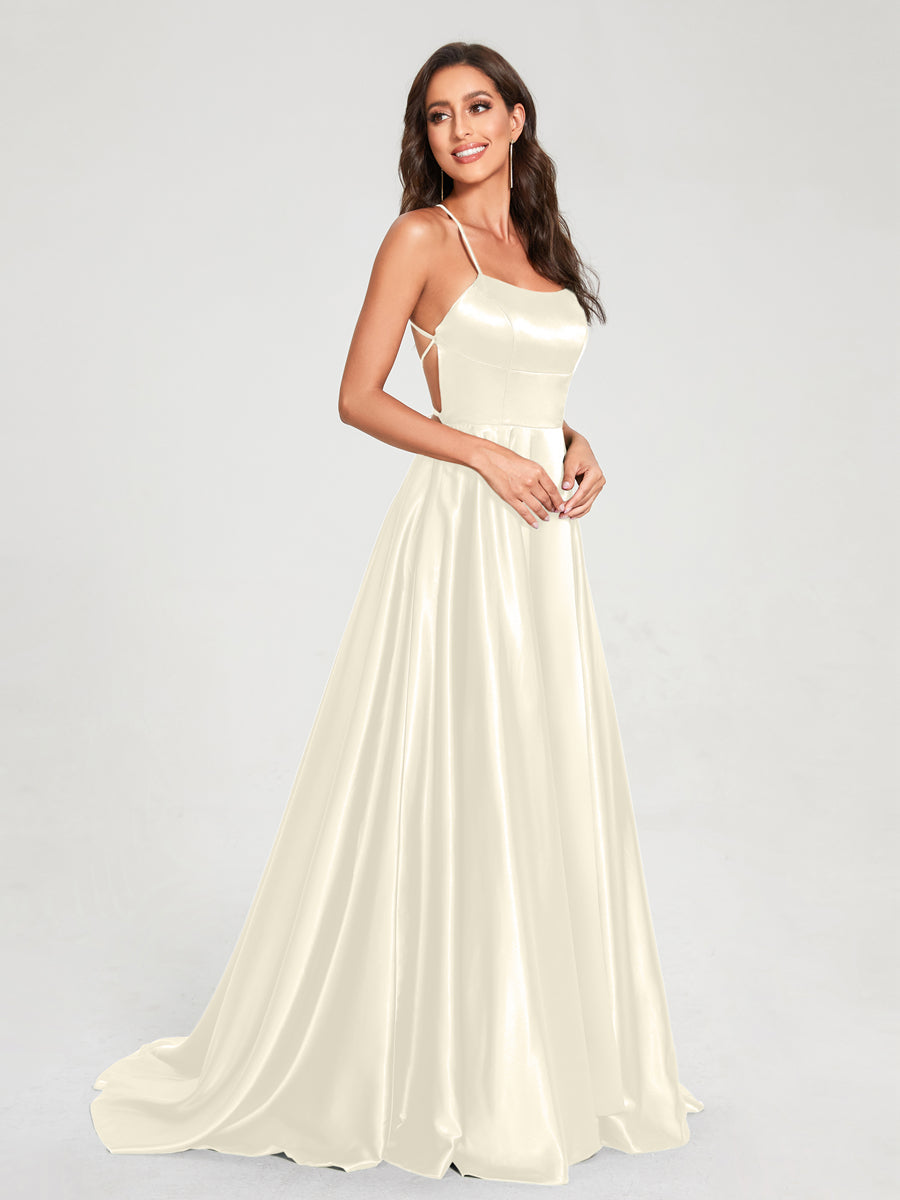 A-Line/Princess Spaghetti Straps Sleeveless Floor-Length Split Side Backless Bridesmaid Dresses Ivory