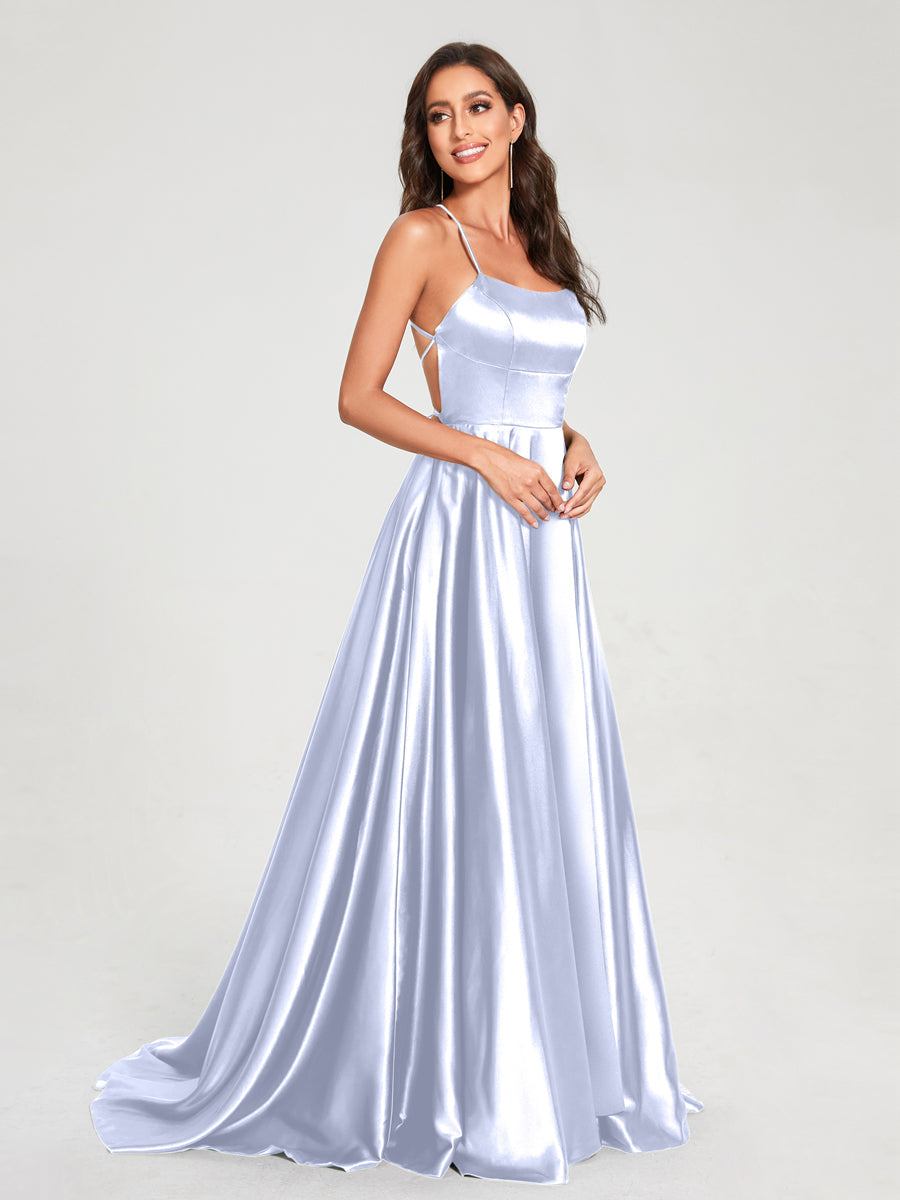 A-Line/Princess Spaghetti Straps Sleeveless Floor-Length Split Side Backless Bridesmaid Dresses Lavender