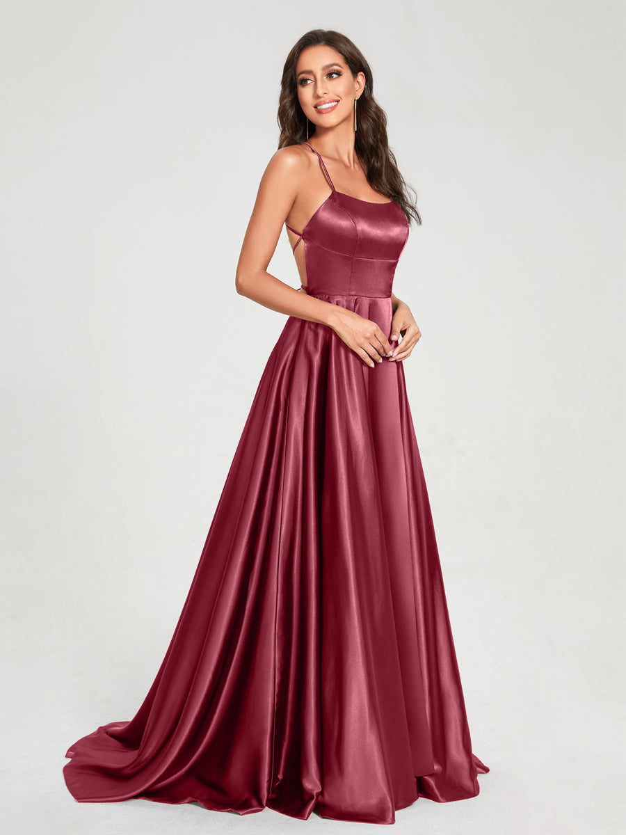 A-Line/Princess Spaghetti Straps Sleeveless Floor-Length Split Side Backless Bridesmaid Dresses Light Burgundy
