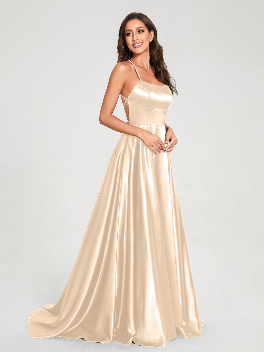 A-Line/Princess Spaghetti Straps Sleeveless Floor-Length Split Side Backless Bridesmaid Dresses Light Champagne