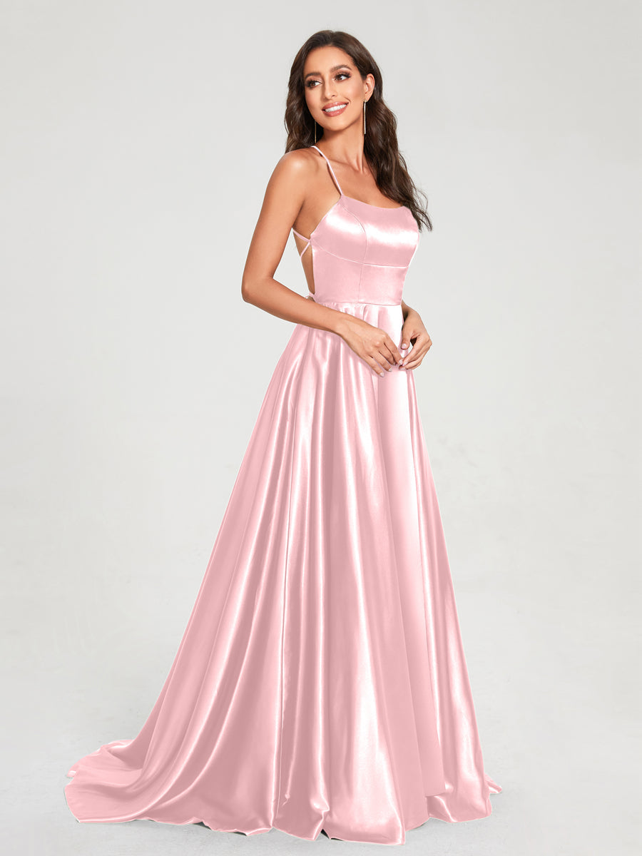 A-Line/Princess Spaghetti Straps Sleeveless Floor-Length Split Side Backless Bridesmaid Dresses Light Pink