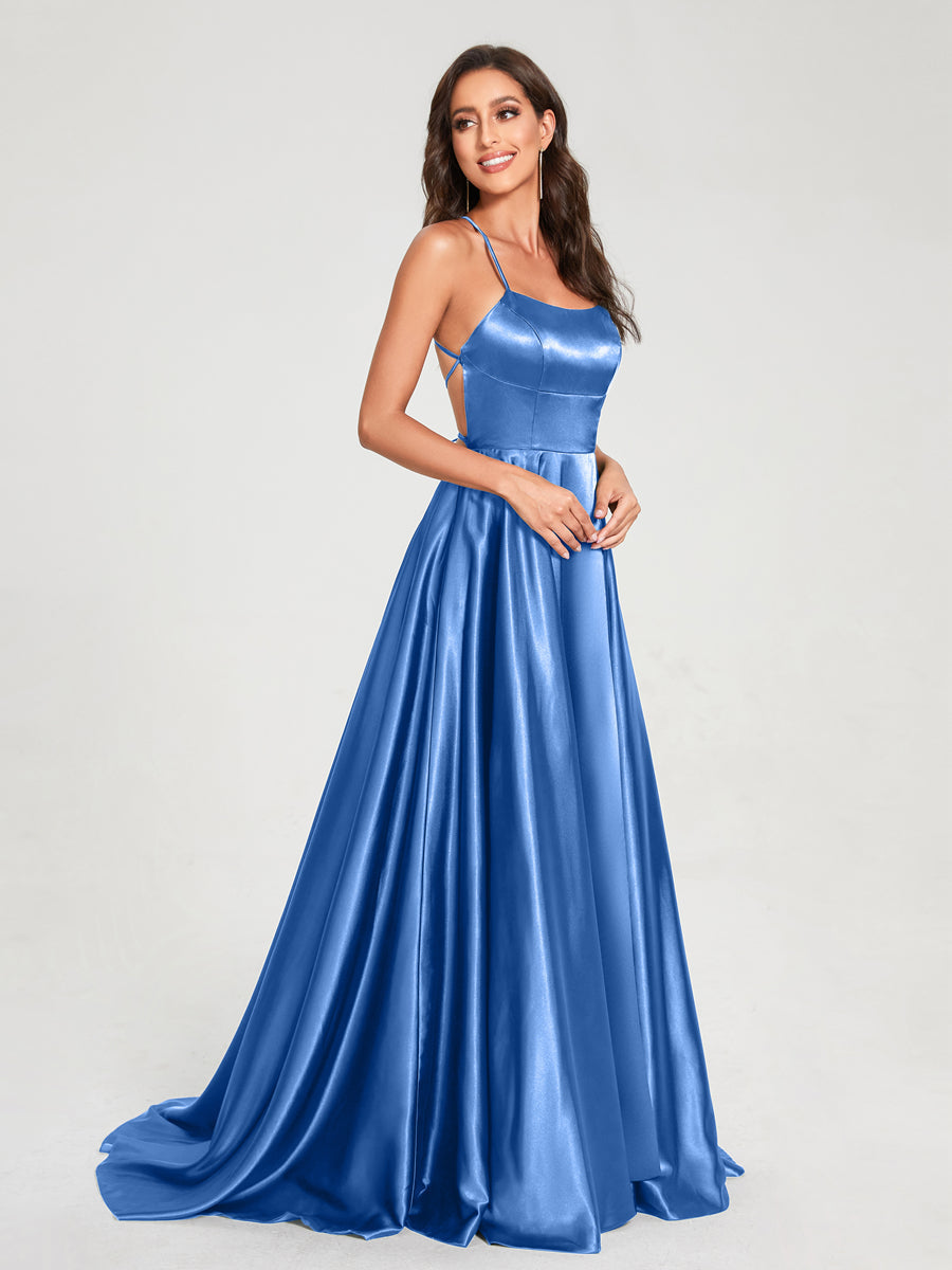 A-Line/Princess Spaghetti Straps Sleeveless Floor-Length Split Side Backless Bridesmaid Dresses Light Royal Blue