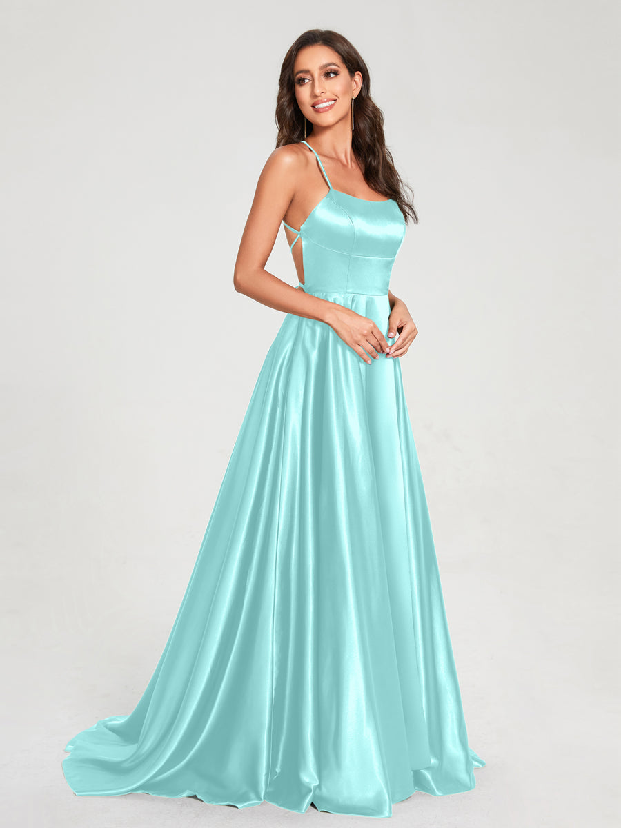 A-Line/Princess Spaghetti Straps Sleeveless Floor-Length Split Side Backless Bridesmaid Dresses Light Sky Blue