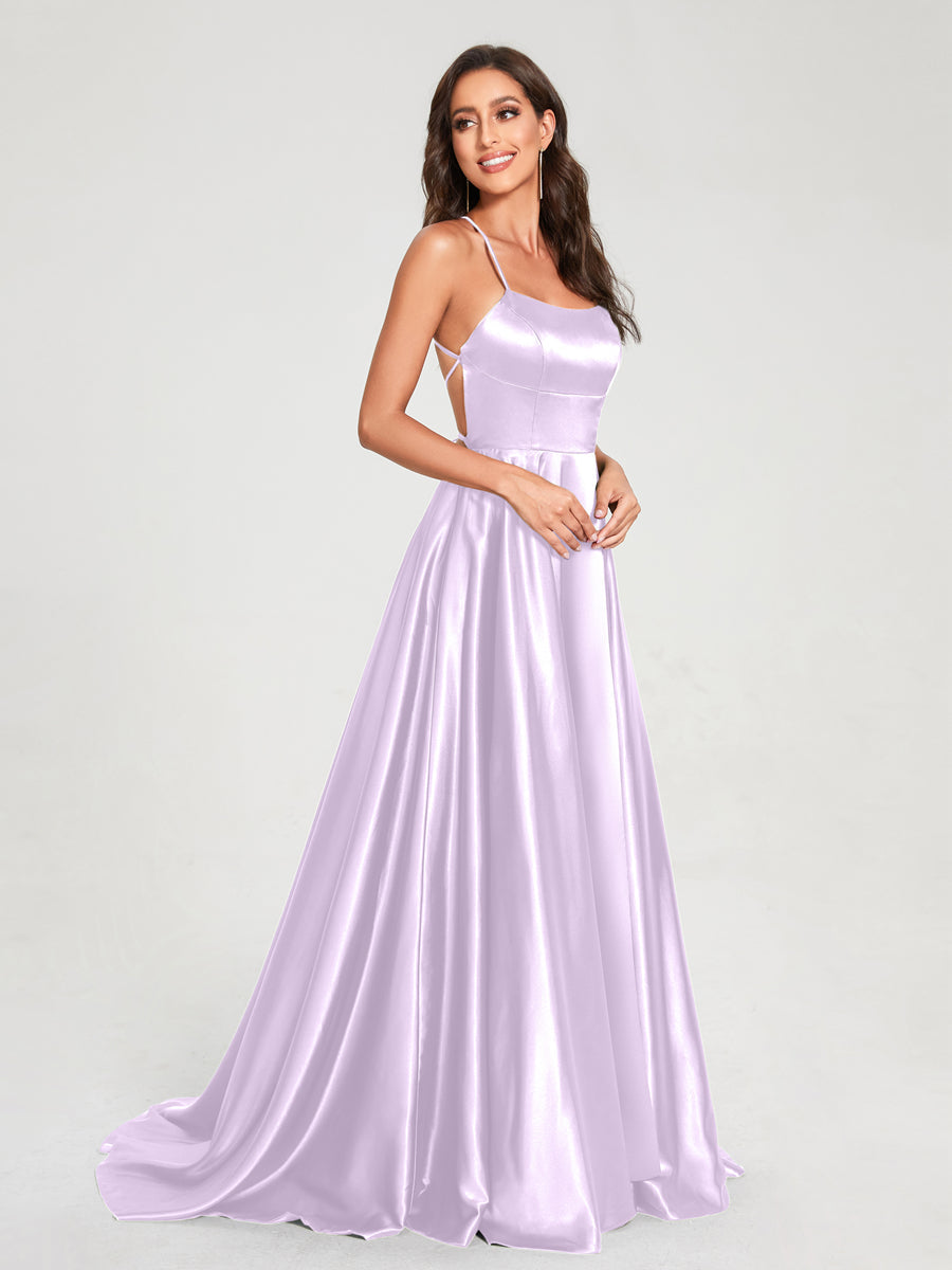 A-Line/Princess Spaghetti Straps Sleeveless Floor-Length Split Side Backless Bridesmaid Dresses Lilac